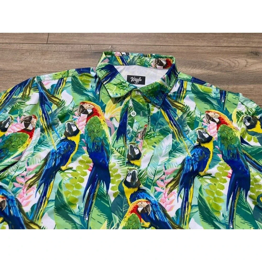 Waggle Golf Polo Shirt Mens L Blue Parrot Floral AOP Performance Stretch Wick - Picture 2 of 7